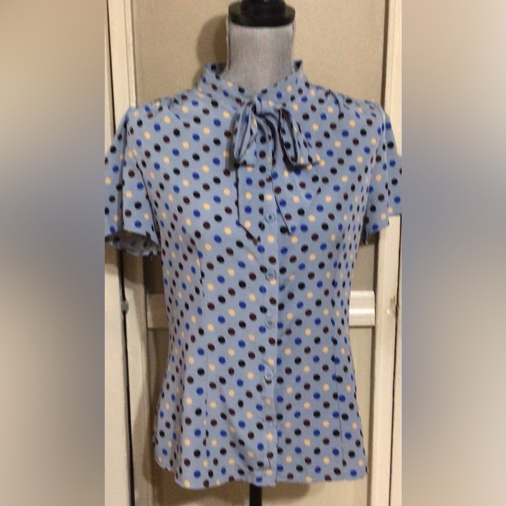 Elegant Blue Polka Dot Blouse with Bow